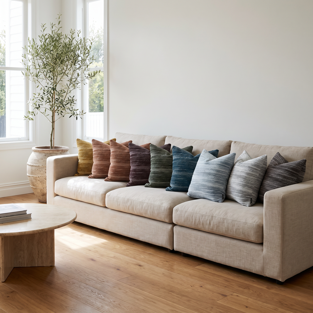Risso bouclé cushions in all nine colours on a linen sofa | Zanders & Co